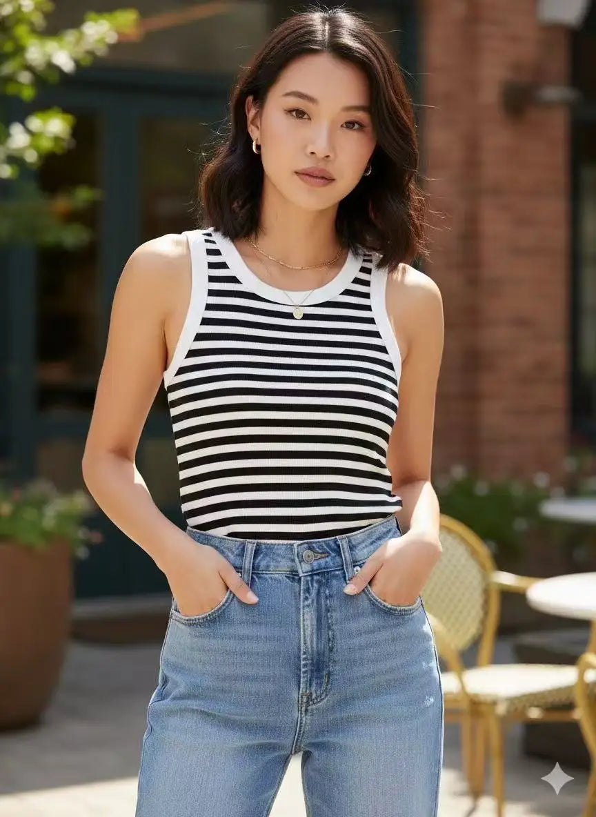 Women's Ribbed Crew Neck Tank Taboga Lifestyle, fabric detail