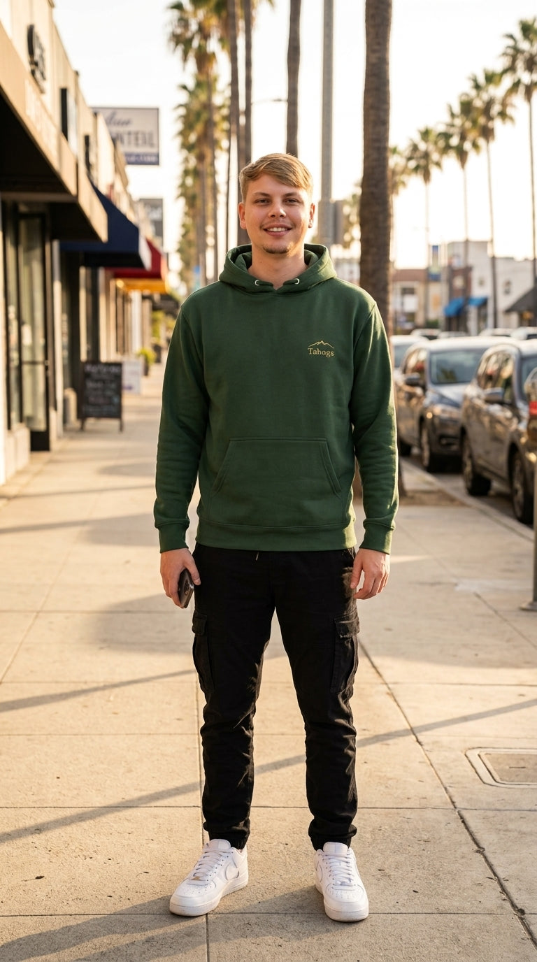 Taboga Midnight Hoodie full body shot, streetwear photography