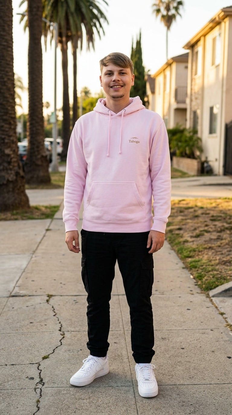 Taboga Midnight Hoodie model walking, urban background
